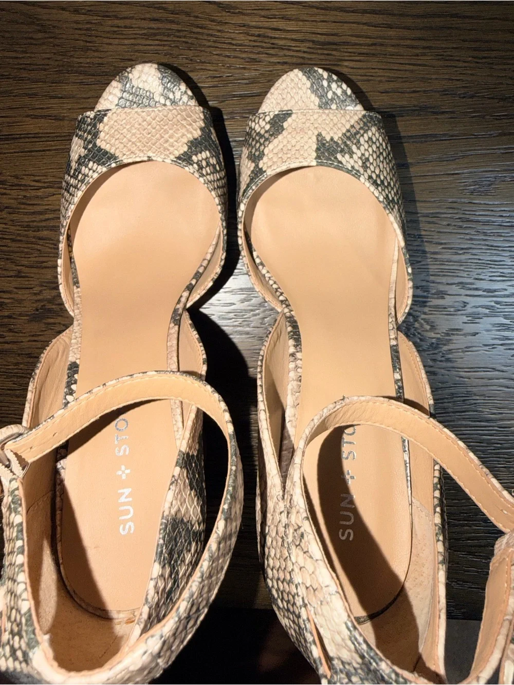 Sun + Stone Tan and Gray Snake-Print Ankle Strap Heels